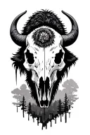 Bison skull with a bison and person silhouette filled tattoo design idea
