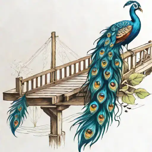 wooden bridge with peacock feather intertwined tattoo design idea