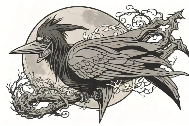 Itachi Uchiha with crows on pole with the moon behind him tattoo design idea
