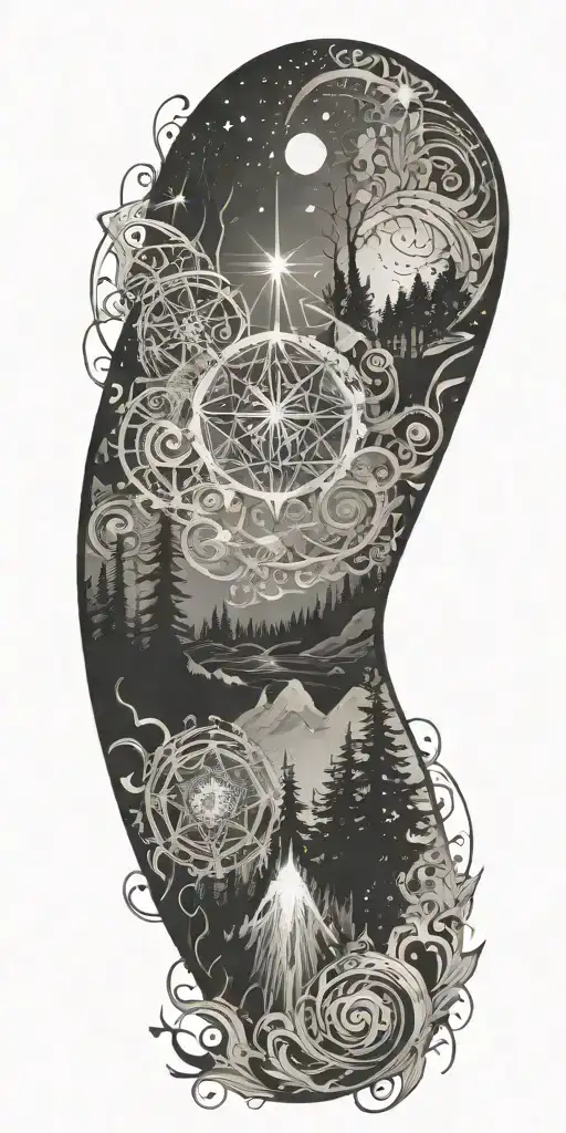 flowing waves, surrounded by a mystical forest scene, with subtle elements of sacred geometry and glowing stars in b&w tattoo design idea