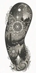 flowing waves, surrounded by a mystical forest scene, with subtle elements of sacred geometry and glowing stars in b&w tattoo design idea