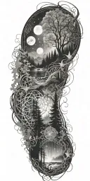 flowing waves, surrounded by a mystical forest scene, with subtle elements of sacred geometry and glowing stars in b&w tattoo design idea