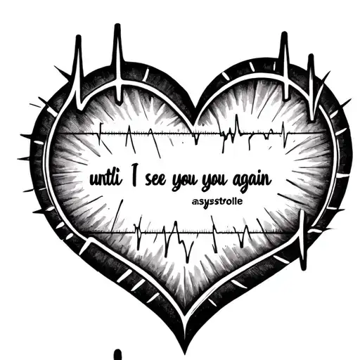 A heart shape with heart rhythm going from normal to asystole, with the quote “until I see you again” inside the heart.  tattoo design idea