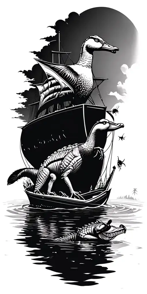 goose, bee and a gator swimming with sunken ship tattoo design idea