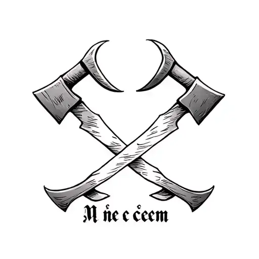Two crossed axes with a ribbon beneath them, on which the inscription "Мы не сеем" is written. tattoo design idea