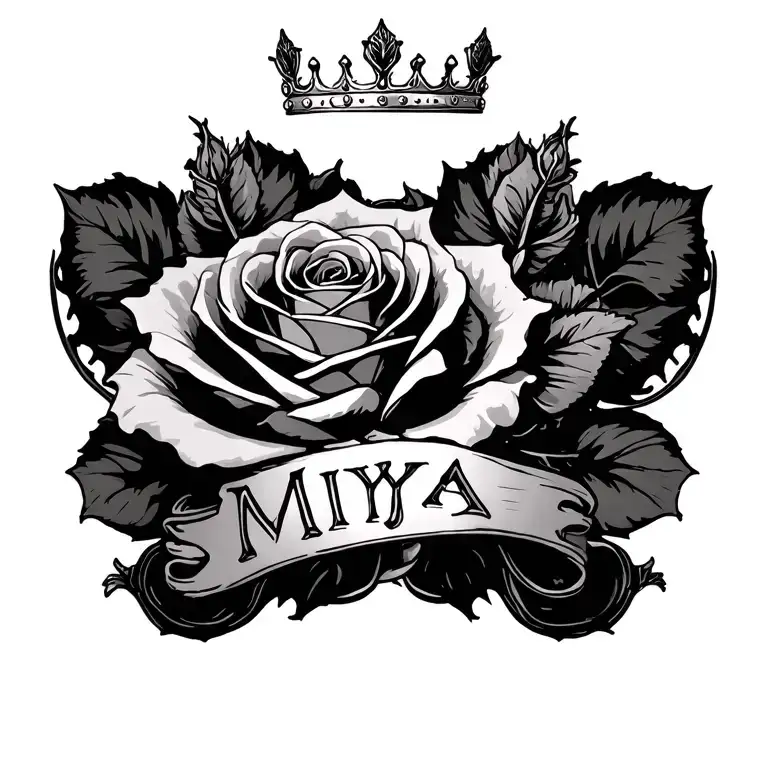 ROSE WITH NAMES" MIYA" ON THRONE WITH CROWN tattoo design idea