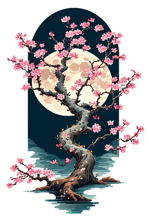 Elegant tree of sakura, part of the branches against the background of the full moon tattoo design idea