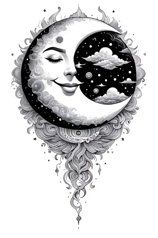 psychadelic clouds fantasy smiling moon tattoo design idea