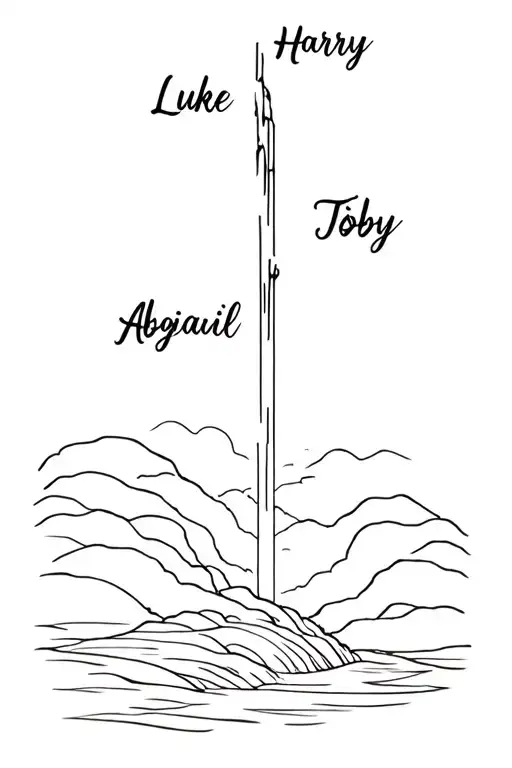 waterfall with the names Luke Harry Abigail Toby Willow tattoo design idea