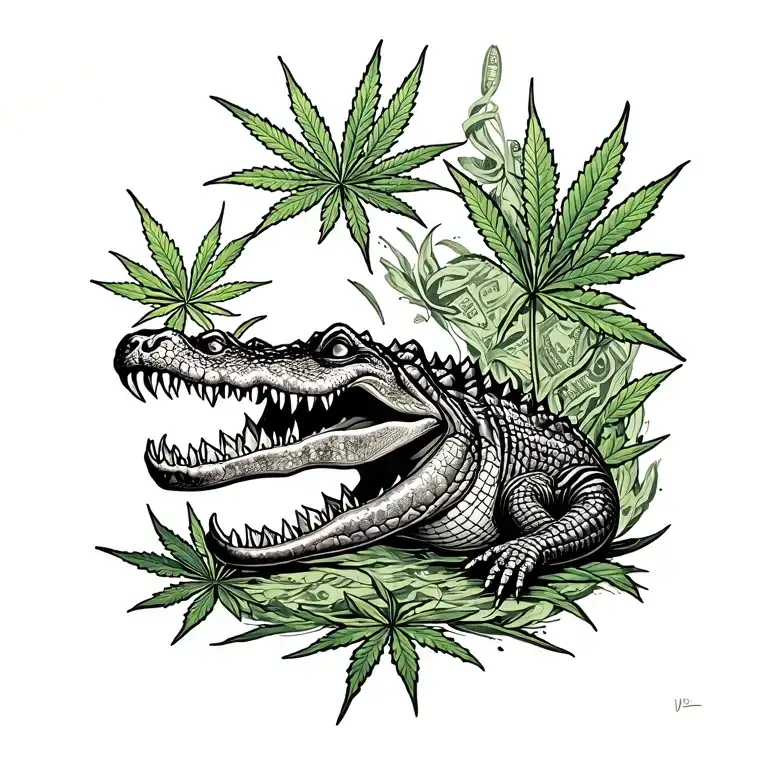 > “Black ink tattoo design for forearm, featuring a crocodile made of money with marijuana leaves in the background, rap tattoo design idea
