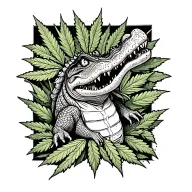 > “Black ink tattoo design for forearm, featuring a crocodile made of money with marijuana leaves in the background, rap tattoo design idea