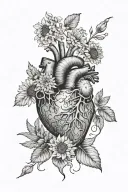 human heart surrounded by hydrangeas, yellow dandelions, and sunflowers  tattoo design idea