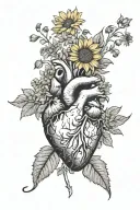 human heart surrounded by hydrangeas, yellow dandelions, and sunflowers  tattoo design idea
