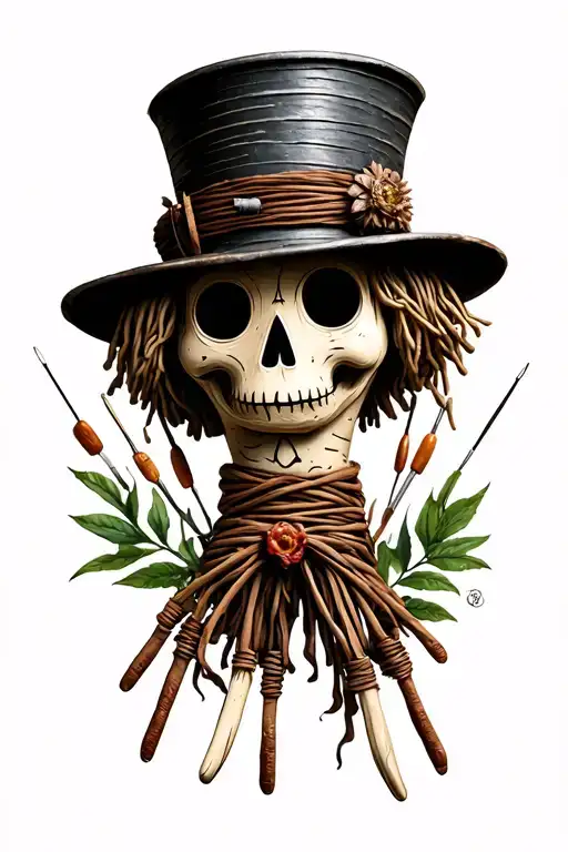 voodoo doll with cylinder hat and needles on his own hand and nature tattoo design idea