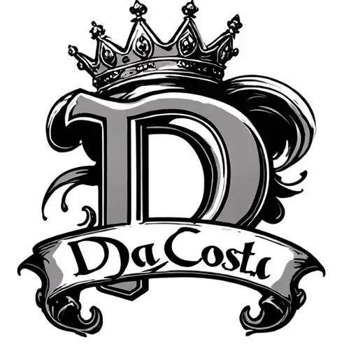 crown over the letter D with the name DaCosta over it tattoo design idea