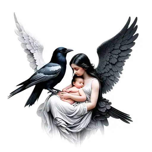2 crows and an angel in betweeen holding a baby tattoo design idea