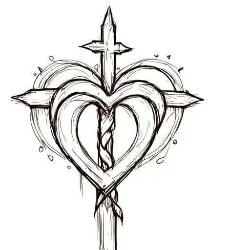 A sketch of a cross intertwined with a heart, representing the love for Jesus and your husband tattoo design idea