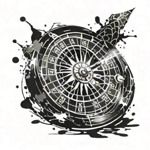 A roulette wheel with shattered glass and splattered ink, symbolizing the unpredictability of life and the thrill of taking chances tattoo design idea
