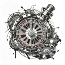 A roulette wheel with shattered glass and splattered ink, symbolizing the unpredictability of life and the thrill of taking chances tattoo design idea