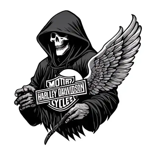 Hooded Reaper holding Harley Davidson logo tattoo design idea