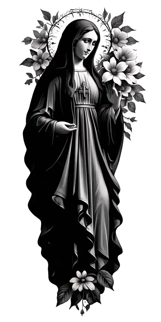 Virgin Mary mother with flowers around  tattoo design idea