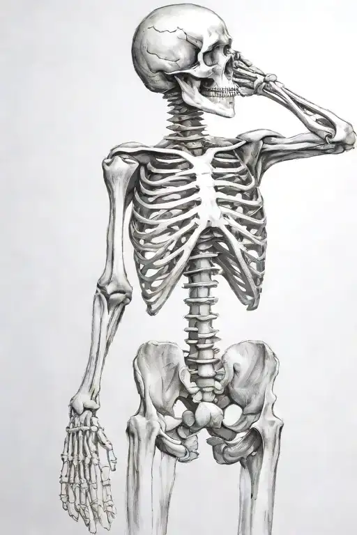 skeleton ripping out mind and heart, full body, backside of standing skeleton tattoo design idea