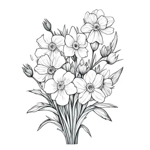 flower bouquet of paperwhite narcissus, violets, primroses,marigolds,carnation and tulips tattoo design idea