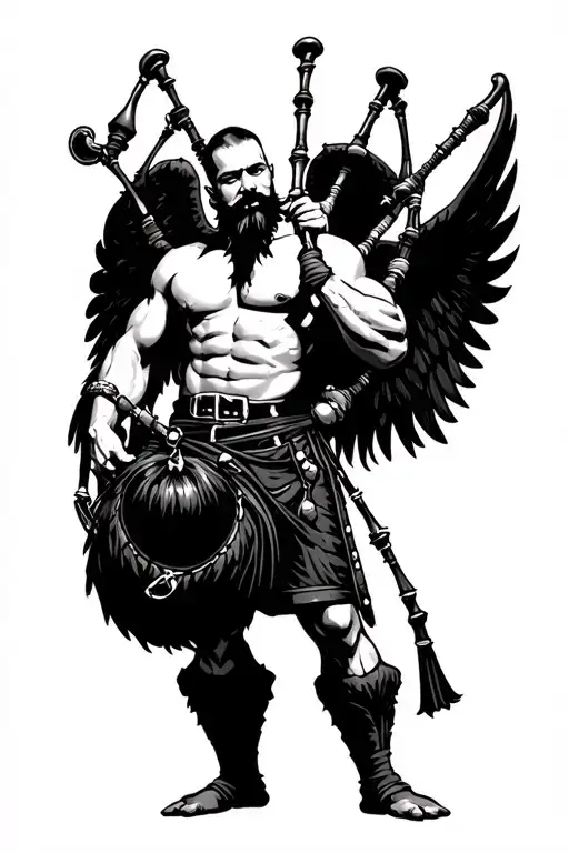 shirtless bagpiper big black wings on back muscular playing the bagpipes bald with  black beard  tattoo design idea