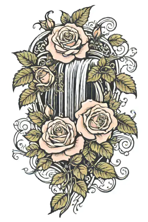 waterfall, 1 rose at bottom and ivy leaves growing around it tattoo design idea