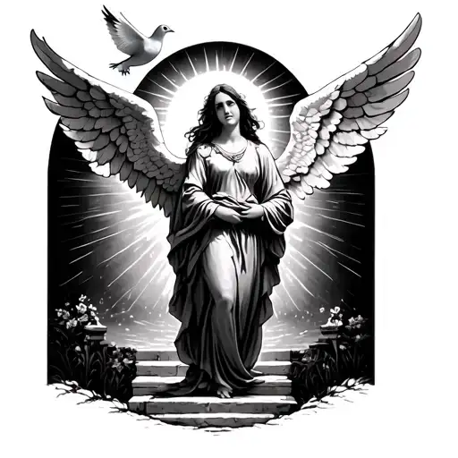 female angel + steps to heaven + gates +dove+ sun rays tattoo design idea