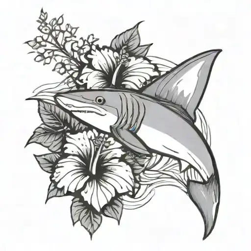 fine line tattoo featuring the outline of a reef shark and a hibiscus flower tattoo design idea