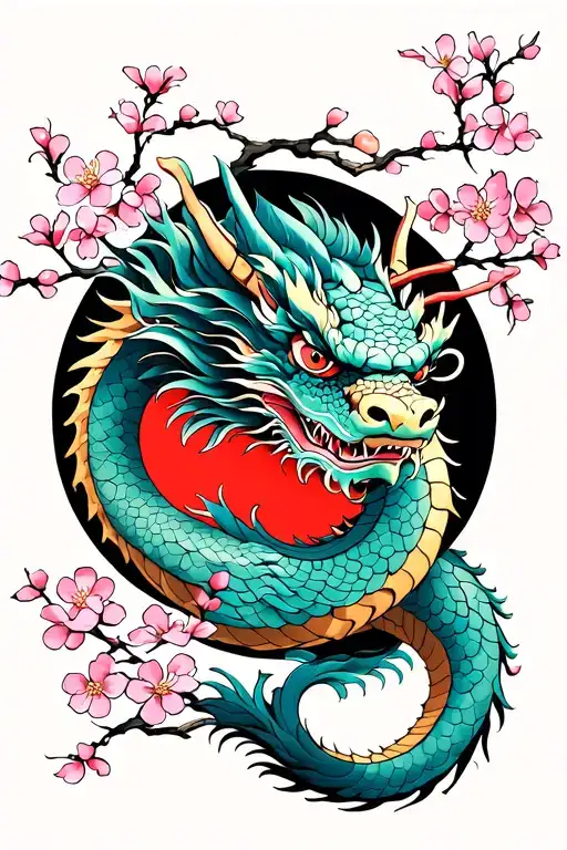 japanese dragon with cherry blossoms wrap tattoo design idea