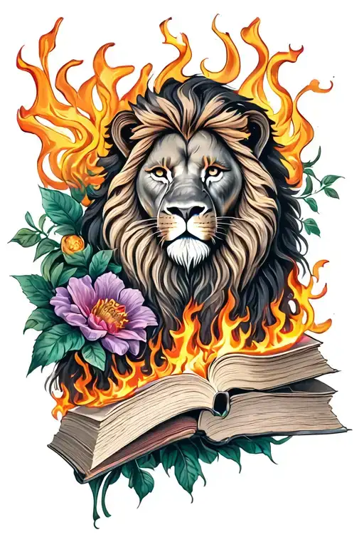 sleeve tattoo inspired by the movie "the pagemaster". Include these items coming out of books: flowers, lion, and fire tattoo design idea