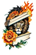 sleeve tattoo inspired by the movie "the pagemaster". Include these items coming out of books: flowers, lion, and fire tattoo design idea