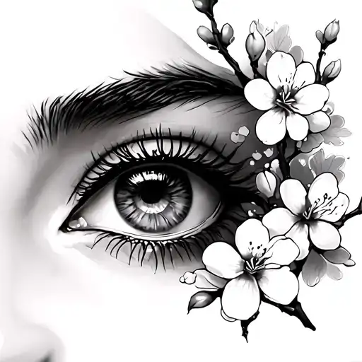female eye with lashes no eyebrow and cherry blossoms around eye tattoo design idea
