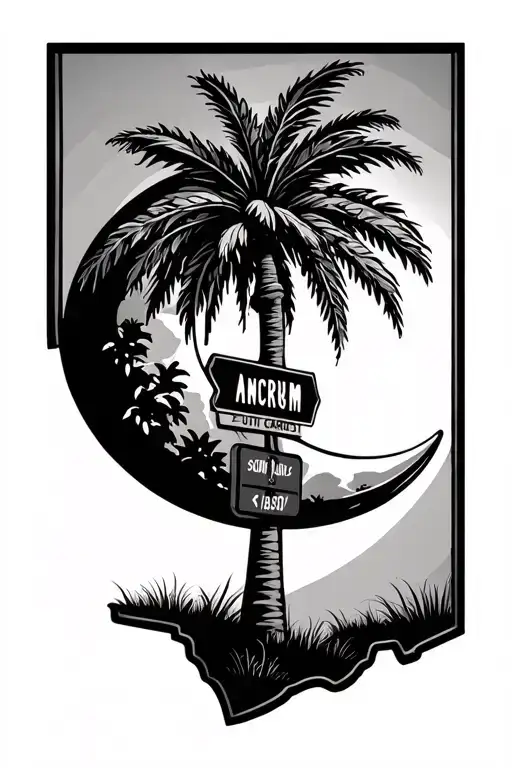 Palm tree + crescent moon inside the outline of South Carolina. with a street sign that say Ancrum tattoo design idea