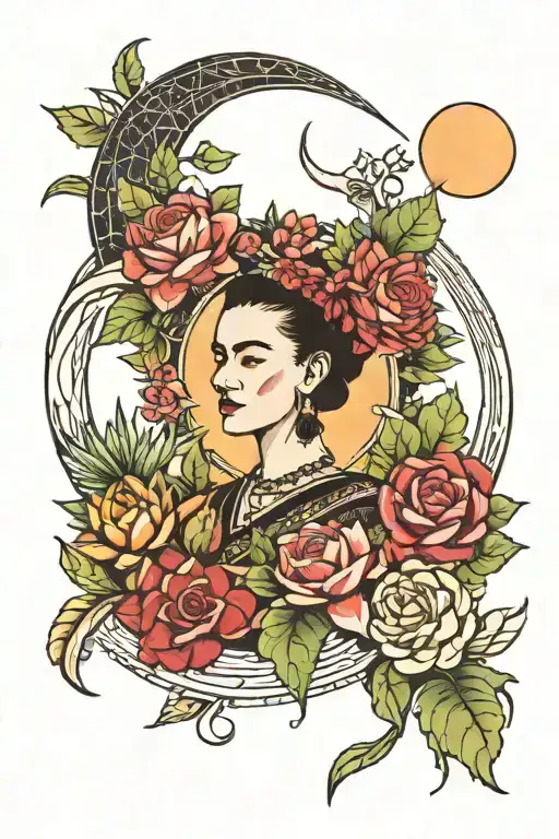 Frida Kahlo succulents surrounding crescent  moon   tattoo design idea