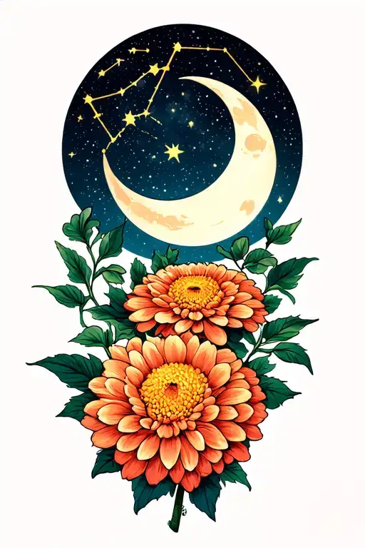 chrysanthemum flower waning gibbous moon and Sagittarius constellation tattoo design idea