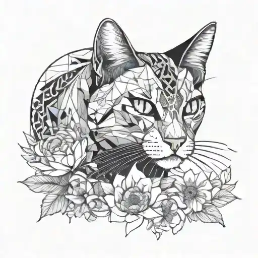 cat and flowers surrounding tattoo design idea