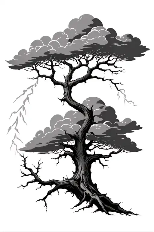 dead tree with clouds and lightning tattoo design idea