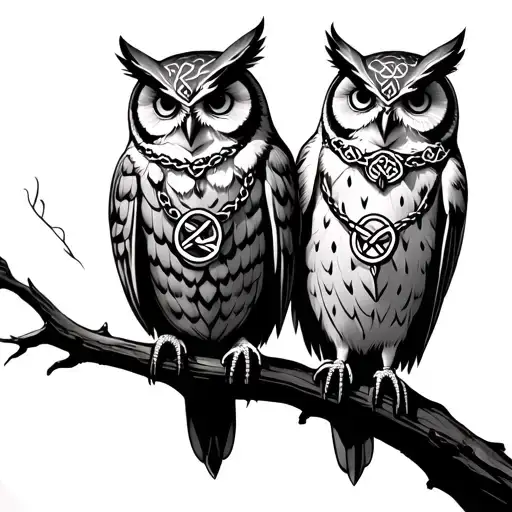 Two happy and cool realistic looking owls with celtic trinity knot necklaces sitting Next to eachother on a branch  tattoo design idea