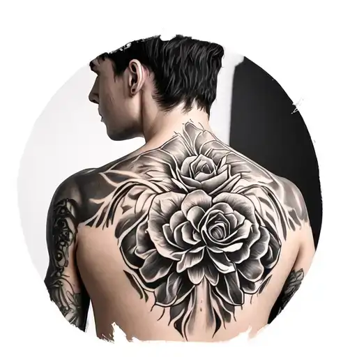 Photorealistic tattoo mockup on a human body. A realistic human back viewed straight on, neutral skin tone, soft moody l tattoo design idea