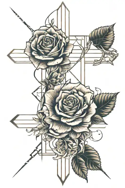 Line Tattoo with Roses, the engima of time, and christ cross included tattoo design idea
