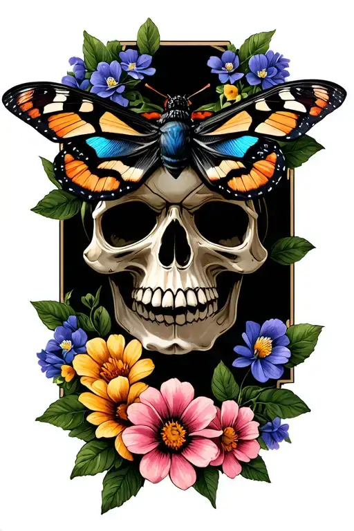 moth and flowers with a skull tattoo design idea