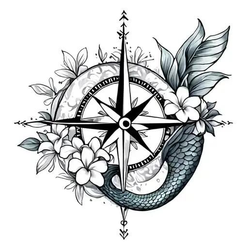 mermaid, Pisces symbol, frangipani and compass tattoo design idea