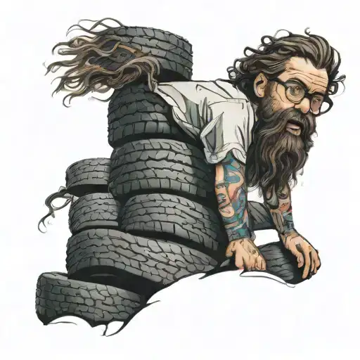 man coming from a stack of tires ,with curly long hair a beard and glasses  tattoo design idea