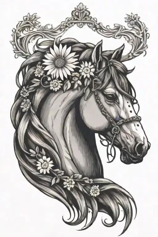 chestnut horse with a daisy chain crown tattoo design idea