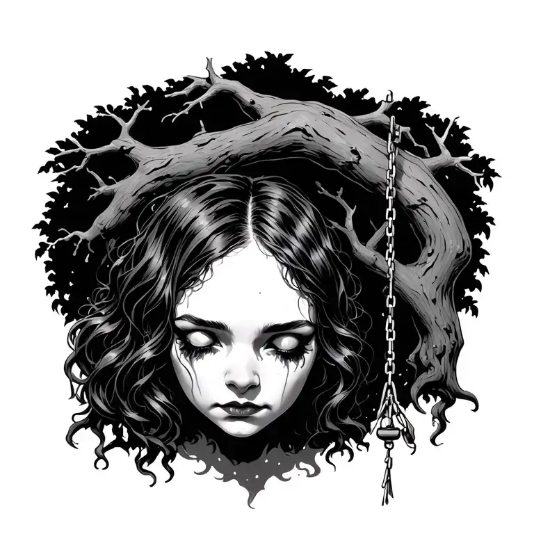 creepy  female head looking down on single  swing hanging from creepy of tree tattoo design idea