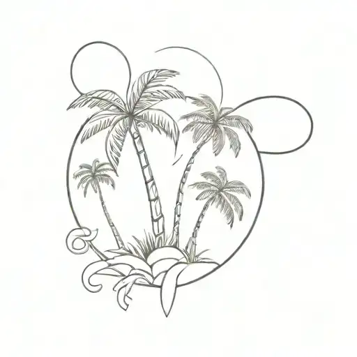 A minimalist tattoo of a heart surrounded by palm trees, symbolizing love and tranquility tattoo design idea