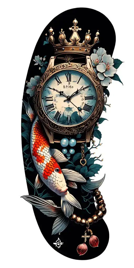 playing cars, clock with crown & beads, koi fish & cherry blossoms, shattered face, venus symbol, thorn braclet & cross tattoo design idea